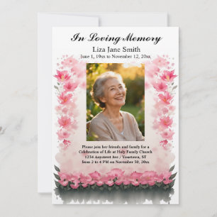 Invitación Celebración de la vida con flores rosadas y hojas 