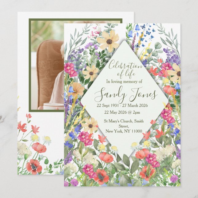Invitación Celebración de la Vida con Flores Silvestres Verde (Anverso / Reverso)