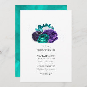 Invitación Celebración de la vida con flores violetas y turqu