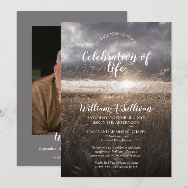 Invitación Celebración de la vida con foto del campo de trigo (Anverso / Reverso)