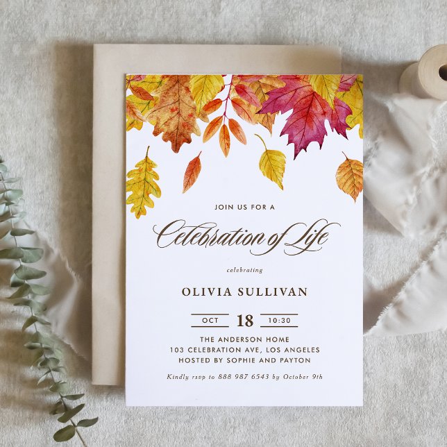 Invitación Celebración de la Vida con Hojas de Otoño en Acuar ( Autumn Watercolor Leaves Celebration of Life Invitation with Matching Back Pattern)