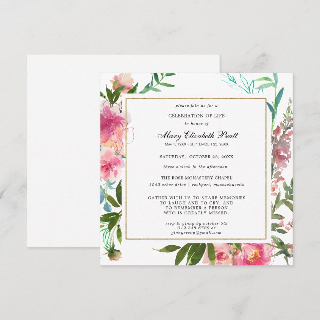 Invitación Celebración de la vida con la floral de la peonía  (Anverso / Reverso)