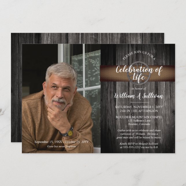 Invitación Celebración de la vida con la foto de la madera de (Anverso / Reverso)