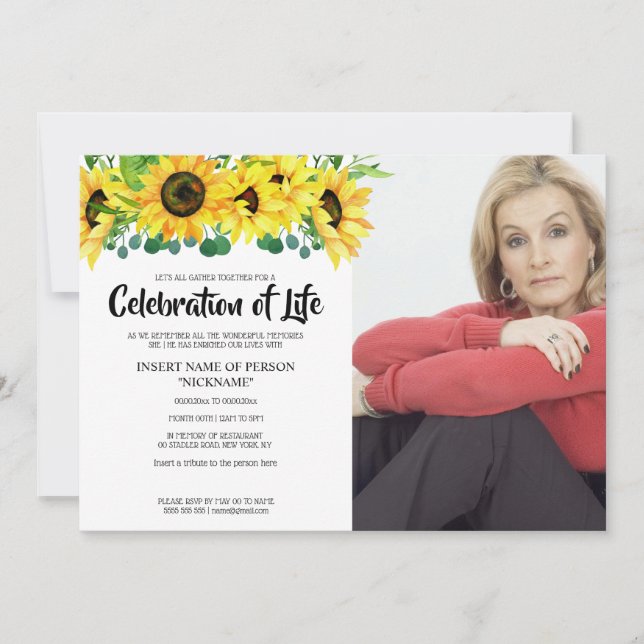 Invitación Celebración de la vida con velada girasol con foto (Anverso)