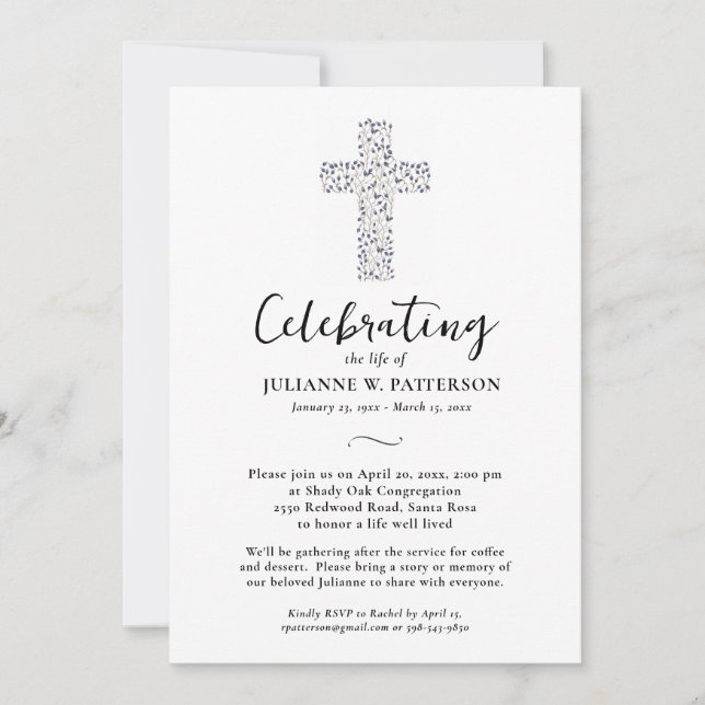 Invitación Celebración de la vida, cruz botánica, funeral (Anverso)