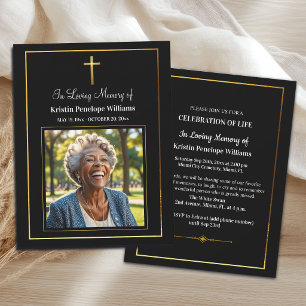 Invitación Celebración de la Vida Cruz Dorada Foto Funeral