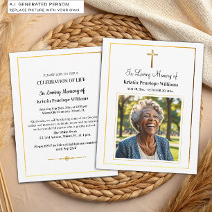Invitación Celebración de la Vida Cruz Dorada Foto Funeral