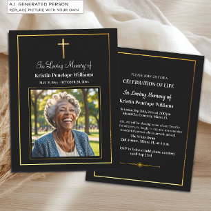 Invitación Celebración de la Vida Cruz Dorada Foto Funeral