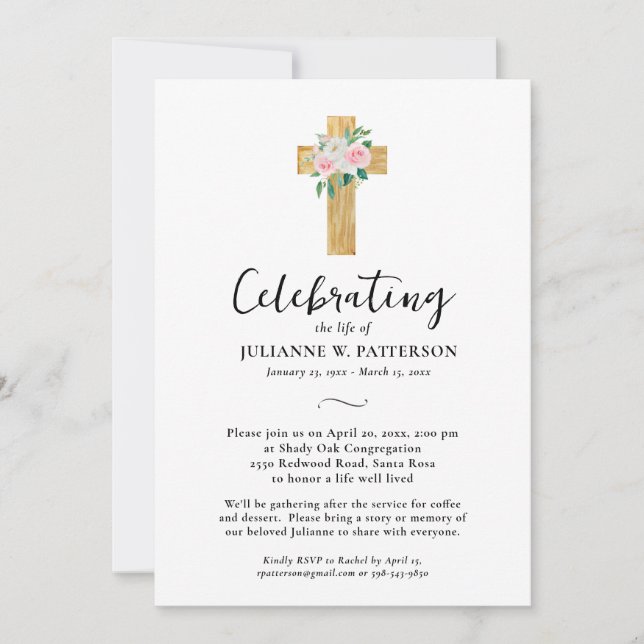 Invitación Celebración de la vida, cruz floral, foto, funeral (Anverso)