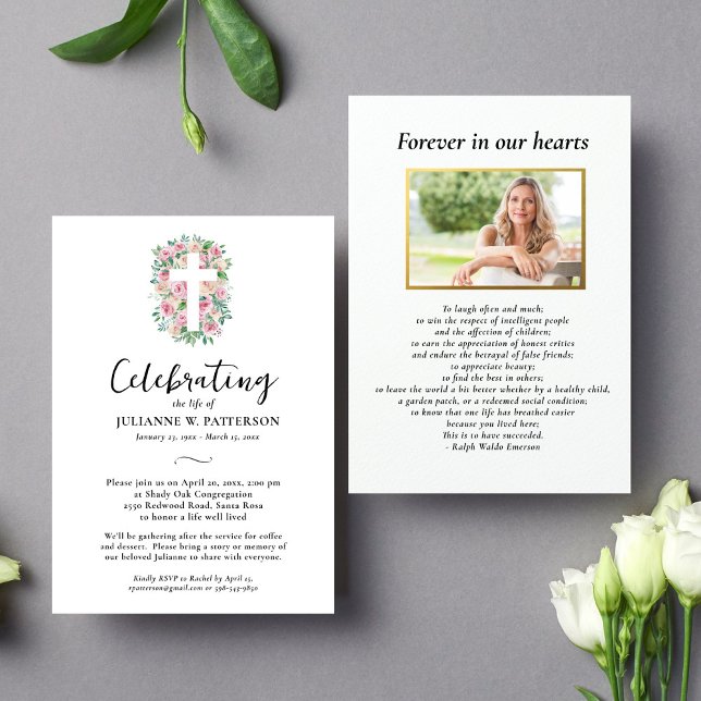 Invitación Celebración de la vida, cruz Rosa, foto, funeral (Subido por el creador)
