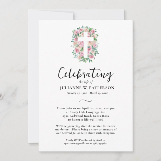 Invitación Celebración de la vida, cruz Rosa, foto, funeral (Anverso)