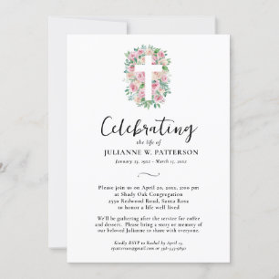 Invitación Celebración de la vida, cruz Rosa, foto, funeral