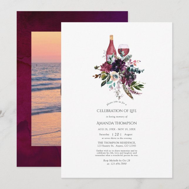 Invitación Celebración de la vida de ciruela borgoñona de vin (Anverso / Reverso)