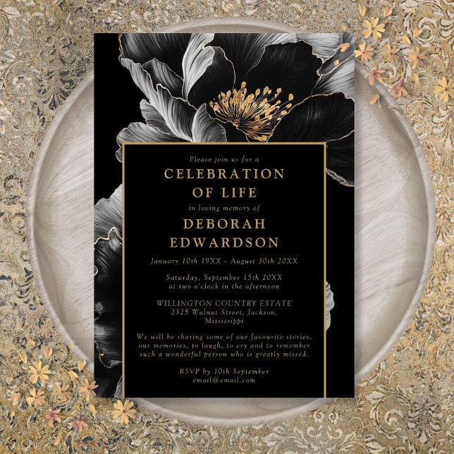 Invitación Celebración De La Vida De Floral Elegante En Negro (Black And Gold Elegant Floral Celebration Of Life Invitation)