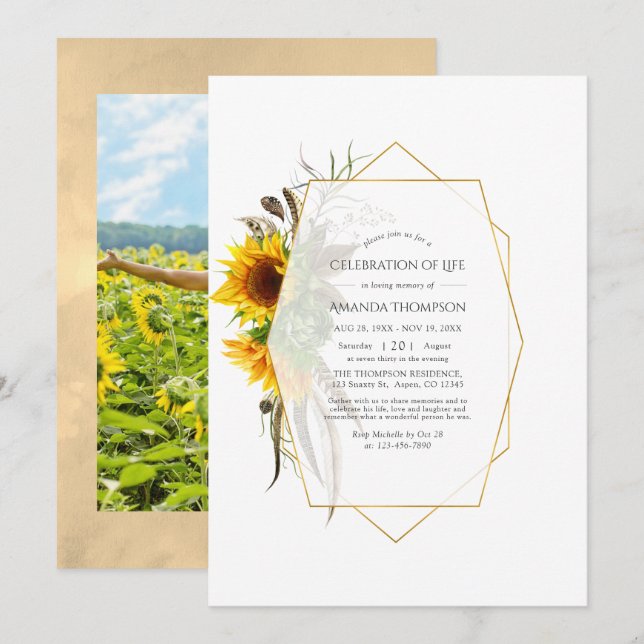 Invitación Celebración de la vida de girasoles rusos geométri (Anverso / Reverso)