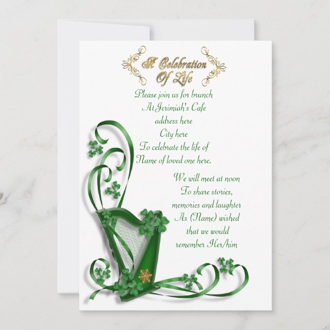 Invitación "Celebración de la vida" de Harp Irlandés (Anverso)