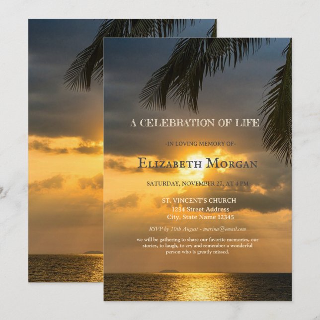 Invitación Celebración De La Vida De La Palma De Amanecer En  (Anverso / Reverso)
