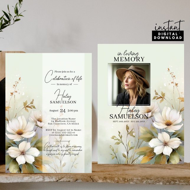 Invitación Celebración de la vida de las flores silvestres bl (White Wild Flowers Celebration of Life  PHOTO Invitation)
