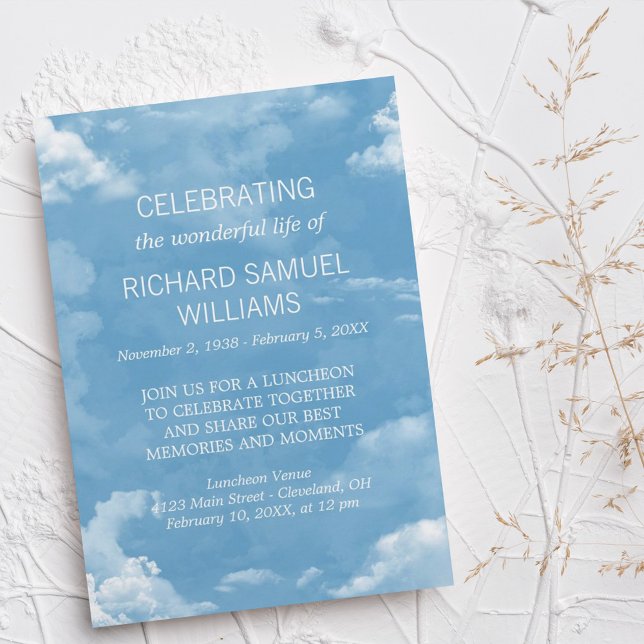 Invitación Celebración de la vida de las nubes blancas del ci (Subido por el creador)