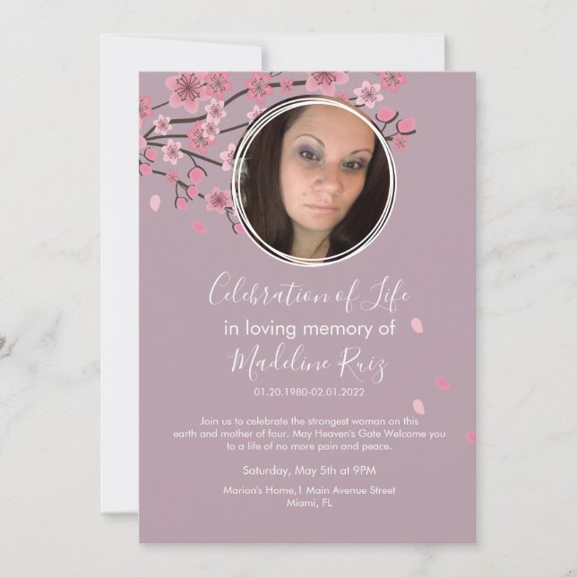 Invitación Celebración de la vida de los Pétalos de Árbol cer (Anverso)