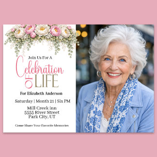 Invitación Celebración de la Vida de Peonía Rosa y Blanca