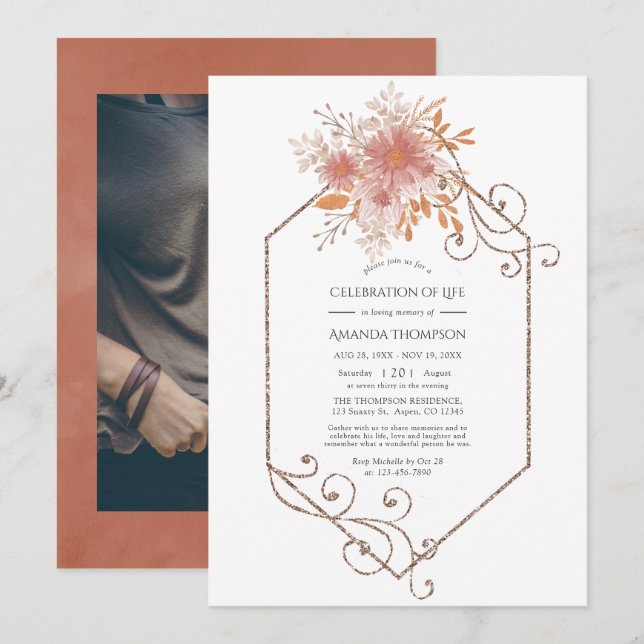 Invitación Celebración de la vida de terracota geométrica (Anverso / Reverso)