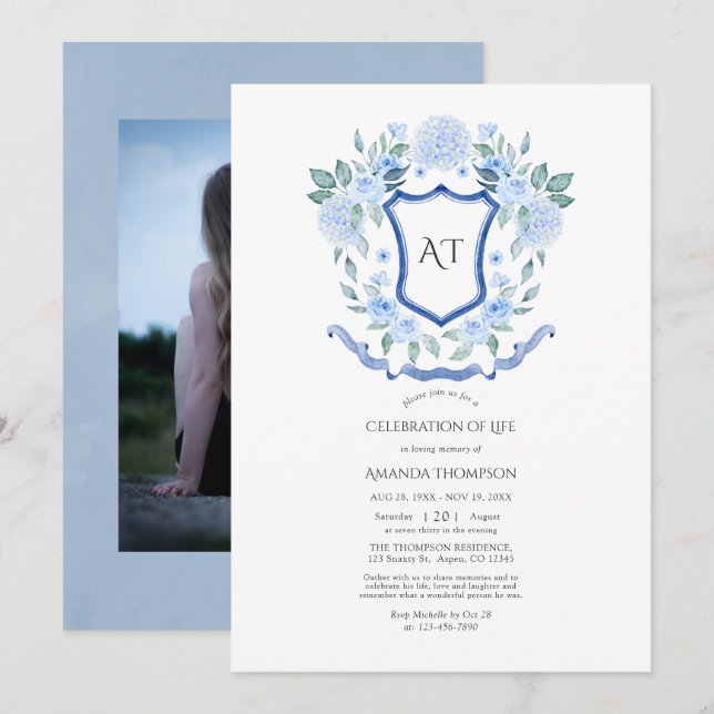 Invitación Celebración de la vida del Escudo de Monograma Flo (Anverso / Reverso)
