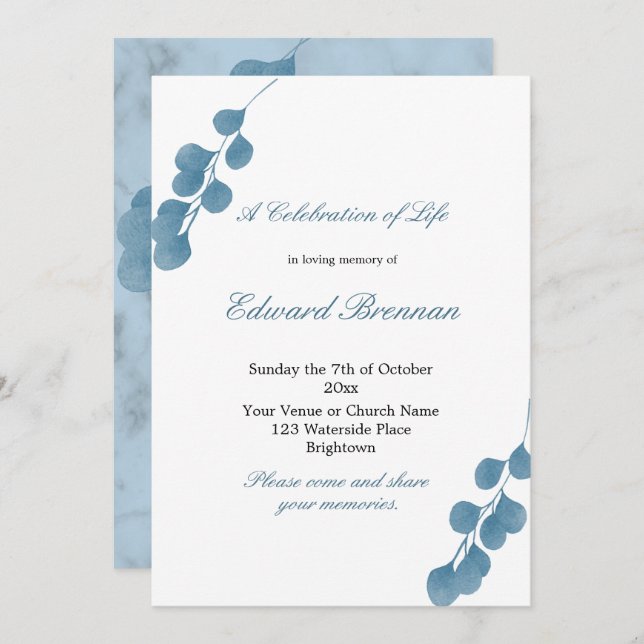 Invitación Celebración De La Vida Del Eucalipto Azul Funeral (Anverso / Reverso)
