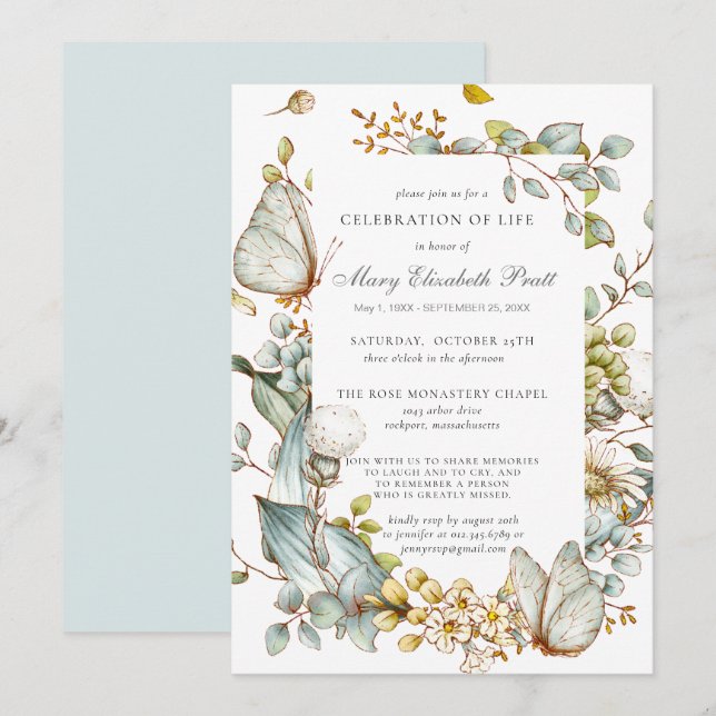 Invitación Celebración de la vida Dusty Blue Botanical (Anverso / Reverso)