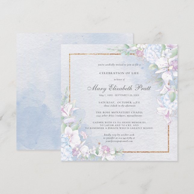 Invitación Celebración de la vida Dusty Floral Azul y Blanca (Anverso / Reverso)