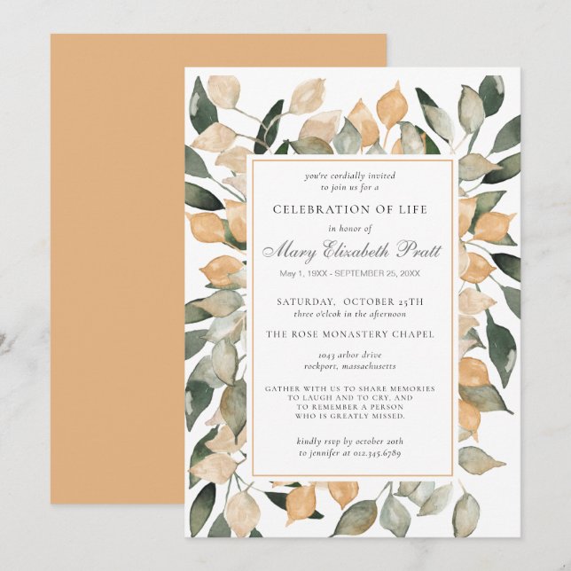 Invitación Celebración de la vida Dusty Terracotta Botánica (Anverso / Reverso)