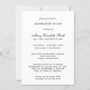 Invitación Celebración de la Vida Elegante Funeral Blanco Neg