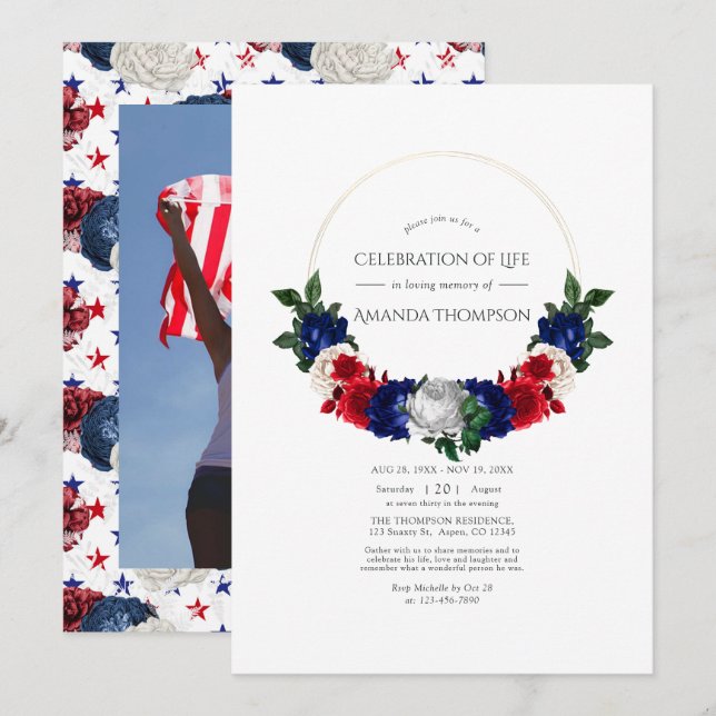 Invitación Celebración de la vida en blanco y azul norteameri (Anverso / Reverso)