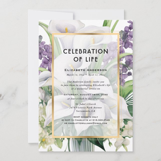 Invitación Celebración de la vida en Calla Lily (Anverso)