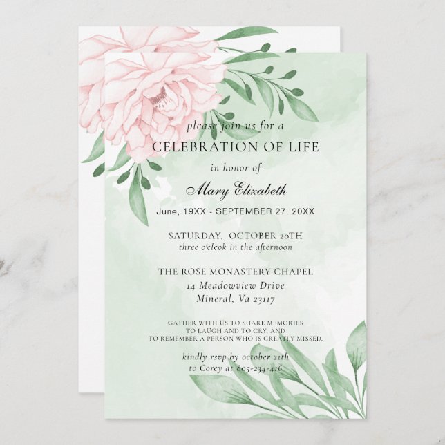 Invitación Celebración De La Vida En El Foliage De Eucalyptus (Anverso / Reverso)
