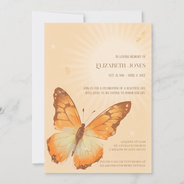 Invitación Celebración de la vida en el funeral de la maripos (Anverso)