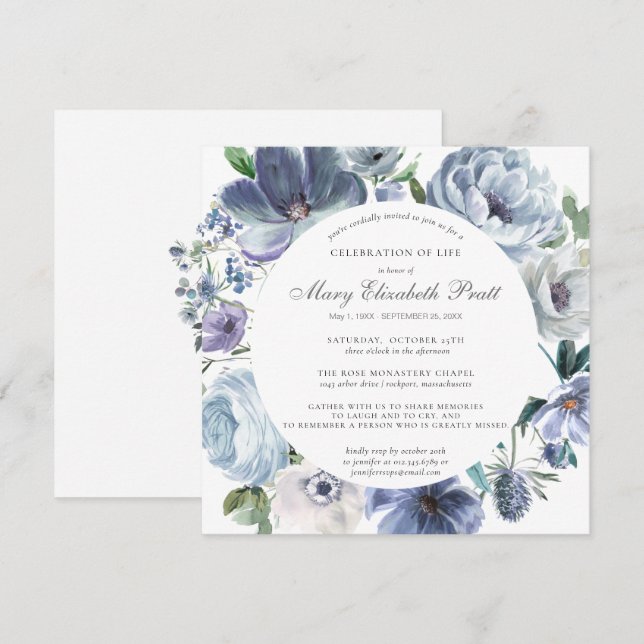 Invitación Celebración de la vida en el mundo del azul y el f (Anverso / Reverso)