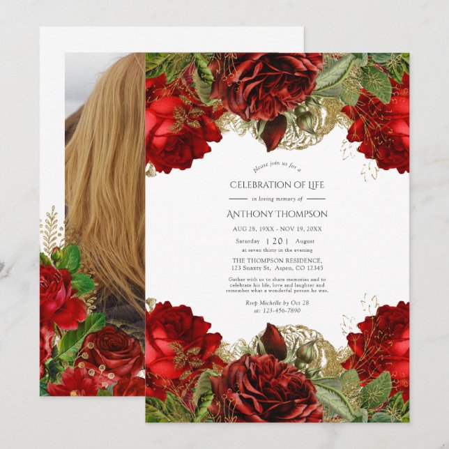 Invitación Celebración de la vida en la época dorada y roja d (Anverso / Reverso)