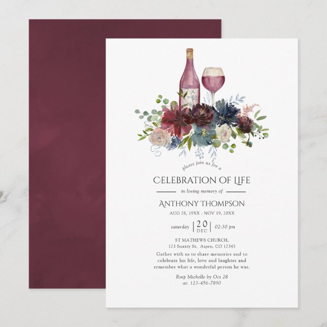 Invitación Celebración de la vida en la prueba de vino de Bor (Anverso / Reverso)