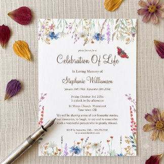 Invitación Celebración de la Vida Flor Silvestre y Mariposa
