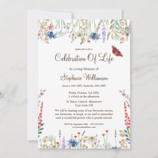 Invitación Celebración de la Vida Flor Silvestre y Mariposa