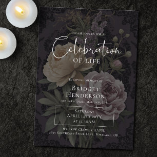 Invitación Celebración de la Vida Floral Funeral Oscuro Malhu