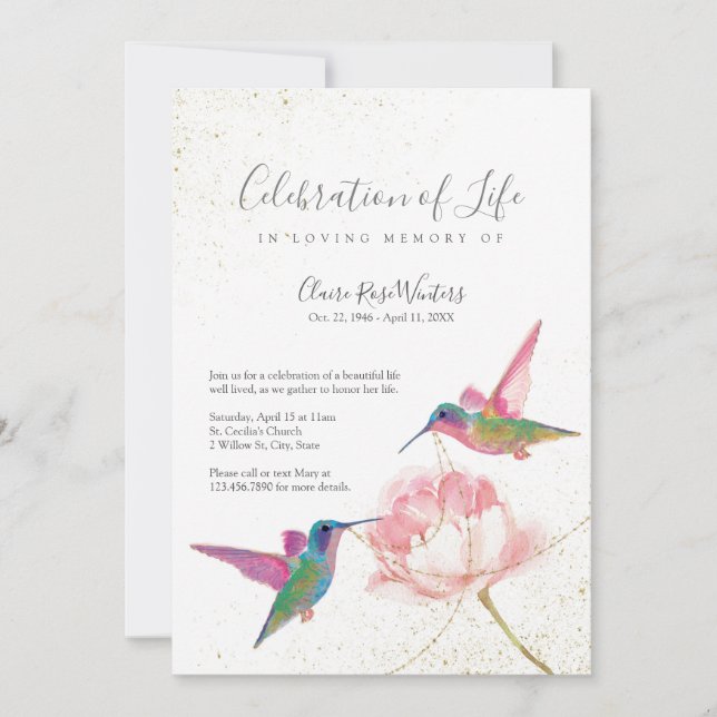 Invitación Celebración de la vida Floral Hummingbirds Invitac (Anverso)