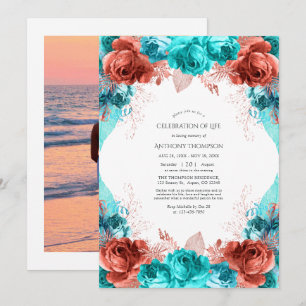 Invitación Celebración de la vida floral turquesa y coral