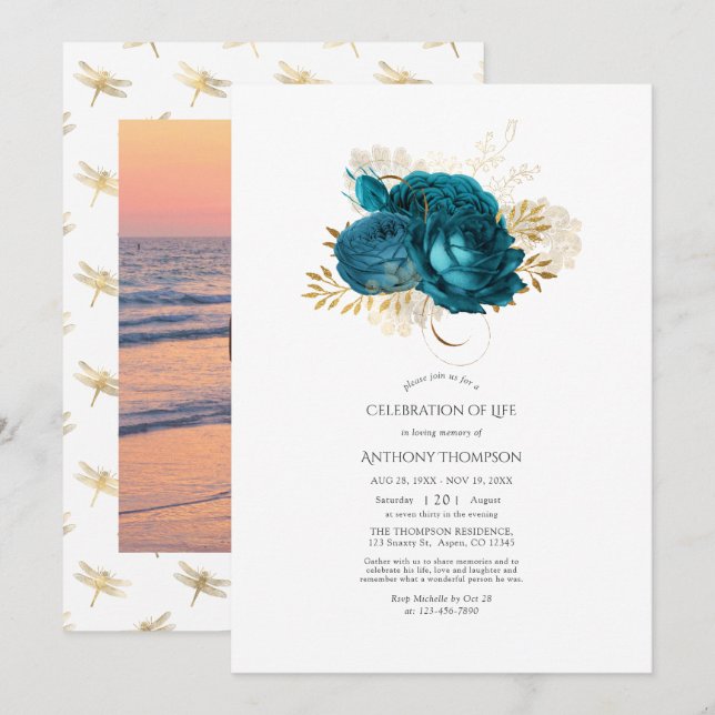 Invitación Celebración de la Vida Floral Turquesa y Dorado (Anverso / Reverso)