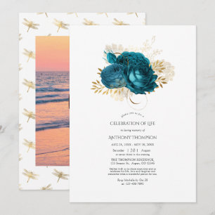Invitación Celebración de la Vida Floral Turquesa y Dorado