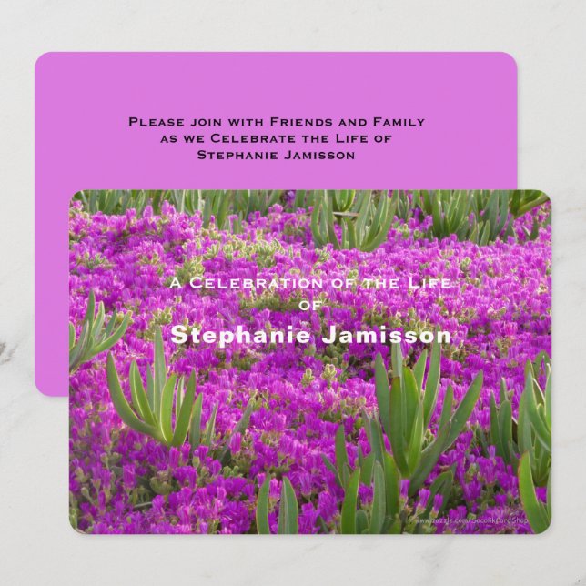Invitación Celebración de la vida, flores moradas de la plant (Anverso / Reverso)