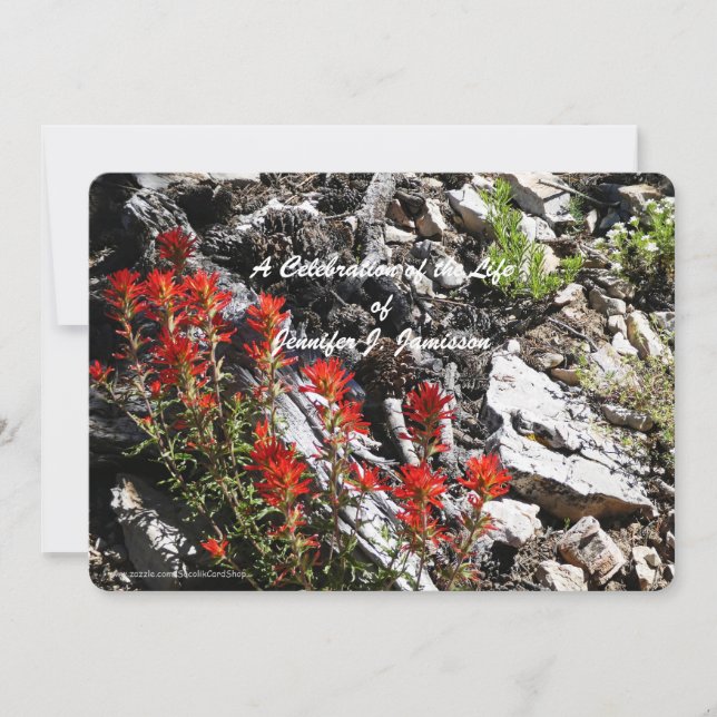 Invitación Celebración de la vida, flores rojas y rocas (Anverso)