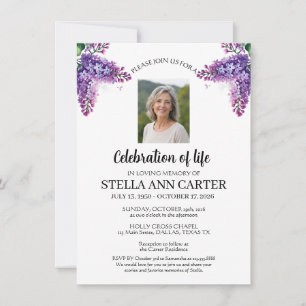 Invitación Celebración de la vida Foto Lila Floral Funeral 
