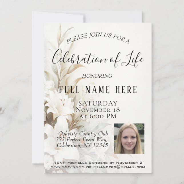 Invitación Celebración de la vida - Foto y flores (Anverso)